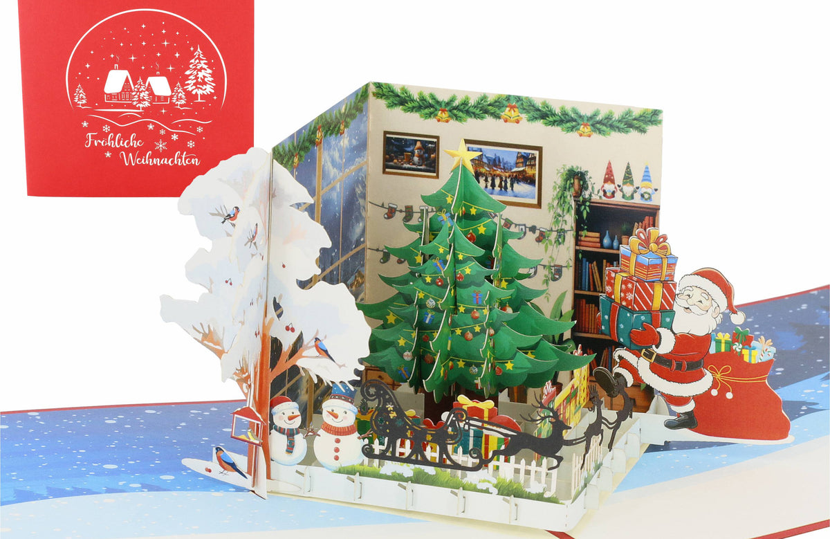 Rote karte mit verschneiter winterlandschaft, wohnzimmer mit tannenbaum und weihnachtsmann mit geschenken