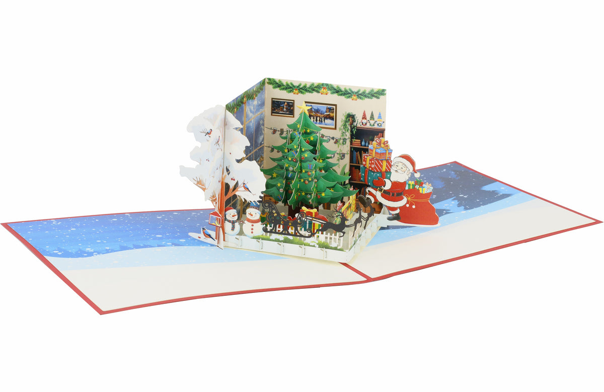 Pop Up Karte weihnachtlich geschmücktem wohnzimmer mit tannenbaum und weihnachtsmann mit geschenken