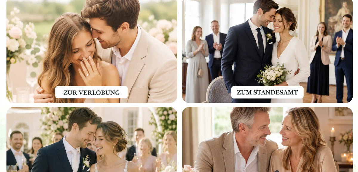 Vier Fotos zeigen Paare bei Verlobung, Standesamt, Hochzeit und Hochzeitstag – die Pop-up-Karte mit Brautpaar als einzigartiges Geschenk für den besonderen Anlass.