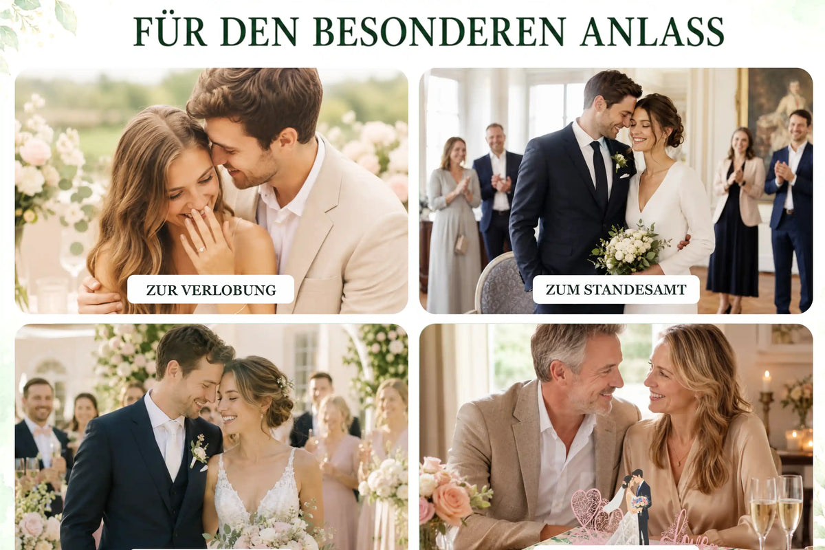 Vier Fotos zeigen Paare bei Verlobung, Standesamt, Hochzeit und Hochzeitstag – die Pop-up-Karte mit Brautpaar als einzigartiges Geschenk für den besonderen Anlass.