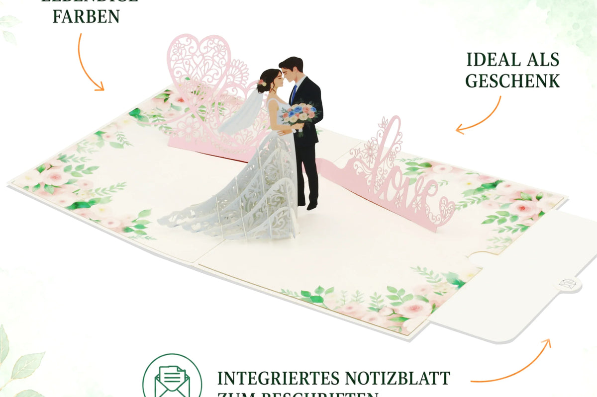 Aufgeklappte Pop-up-Karte mit Brautpaar, rosa Herz und Love-Schriftzug in lebendigen Farben, mit Hinweis auf das integrierte Notizblatt zum Beschriften und die Eignung als Geschenk.