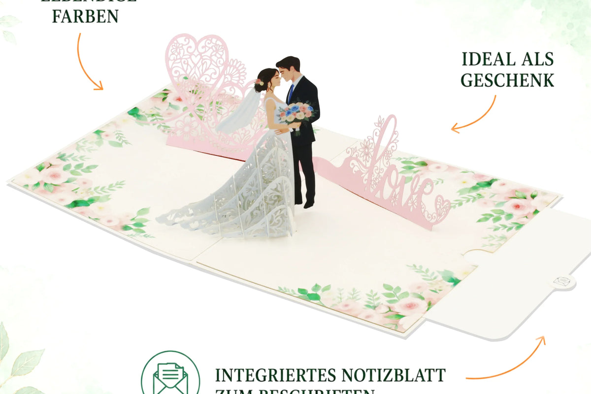 Aufgeklappte Pop-up-Karte mit Brautpaar, rosa Herz und Love-Schriftzug in lebendigen Farben, mit Hinweis auf das integrierte Notizblatt zum Beschriften und die Eignung als Geschenk.