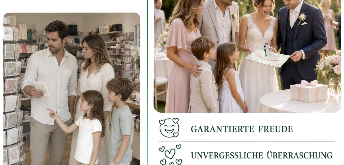 Familie im Kartenladen ohne Geschenkidee, daneben ein Brautpaar mit Gästen, das sich über die Pop-up-Karte freut – garantierte Freude, unvergessliche Überraschung und perfekte Geschenkidee.