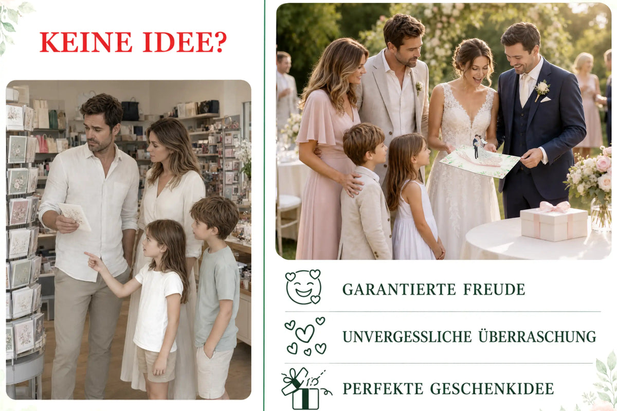 Familie im Kartenladen ohne Geschenkidee, daneben ein Brautpaar mit Gästen, das sich über die Pop-up-Karte freut – garantierte Freude, unvergessliche Überraschung und perfekte Geschenkidee.