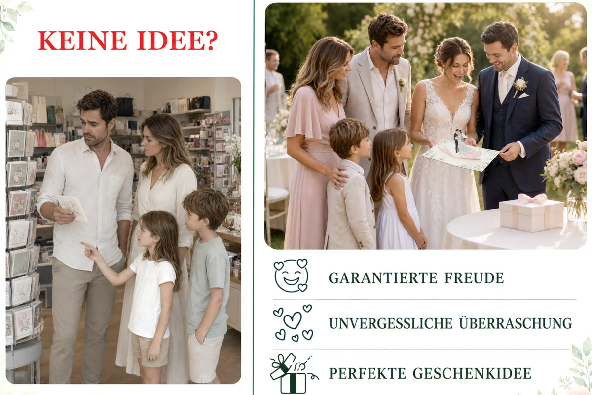 Familie im Kartenladen ohne Geschenkidee, daneben ein Brautpaar mit Gästen, das sich über die Pop-up-Karte freut – garantierte Freude, unvergessliche Überraschung und perfekte Geschenkidee.