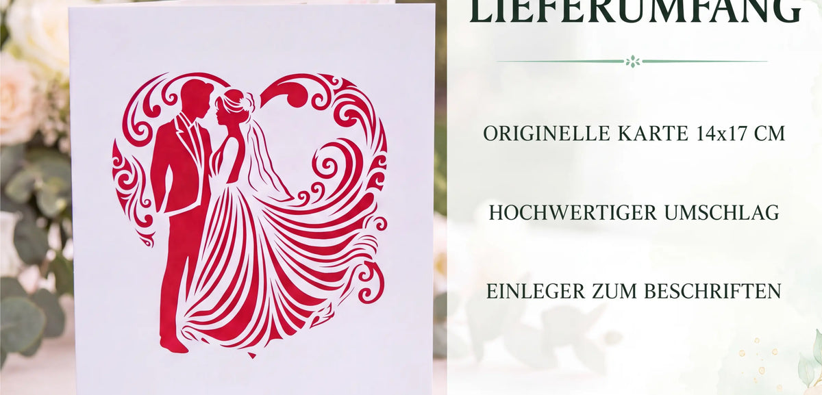 Weiße Klappkarte mit rotem Brautpaar-Motiv im Herz vor Rosen, daneben der Lieferumfang: originelle Karte 14x17 cm, hochwertiger Umschlag und Einleger zum Beschriften.