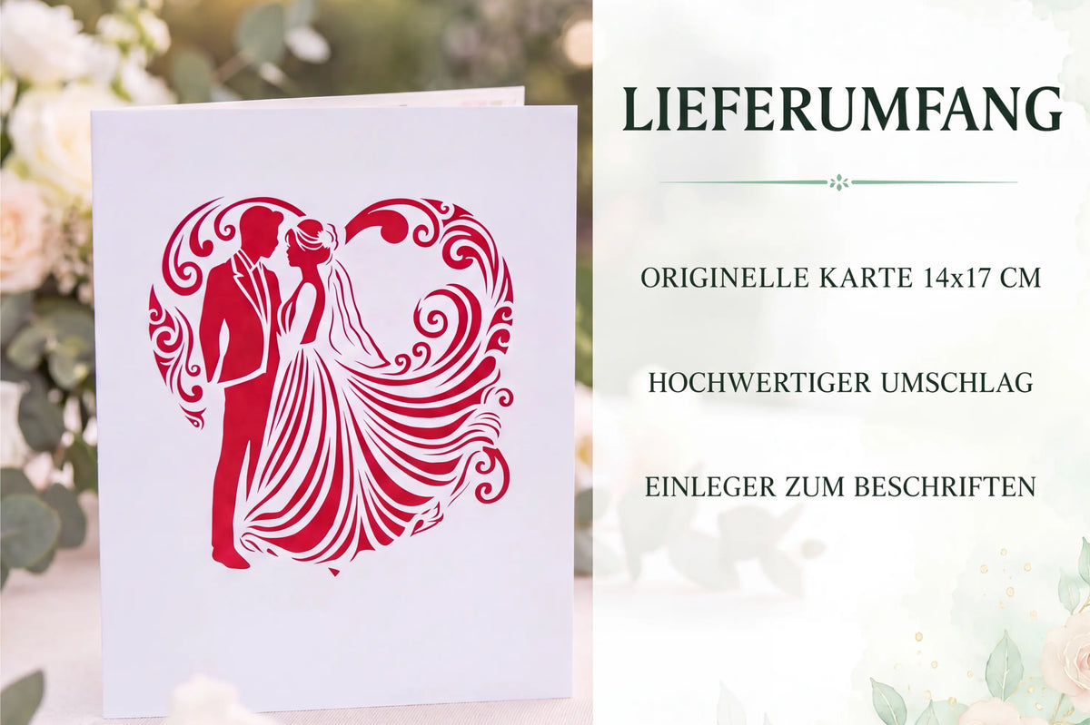 Weiße Klappkarte mit rotem Brautpaar-Motiv im Herz vor Rosen, daneben der Lieferumfang: originelle Karte 14x17 cm, hochwertiger Umschlag und Einleger zum Beschriften.