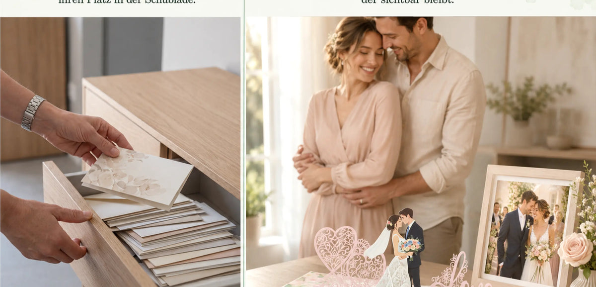 Links wird eine Karte in einer Schublade verstaut, rechts steht die aufgestellte Pop-up-Karte mit Brautpaar neben einem Hochzeitsfoto – eine bleibende Erinnerung statt schnell vergessen.