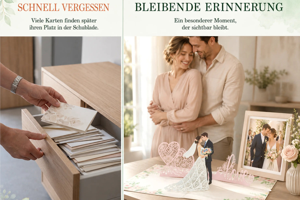 Links wird eine Karte in einer Schublade verstaut, rechts steht die aufgestellte Pop-up-Karte mit Brautpaar neben einem Hochzeitsfoto – eine bleibende Erinnerung statt schnell vergessen.