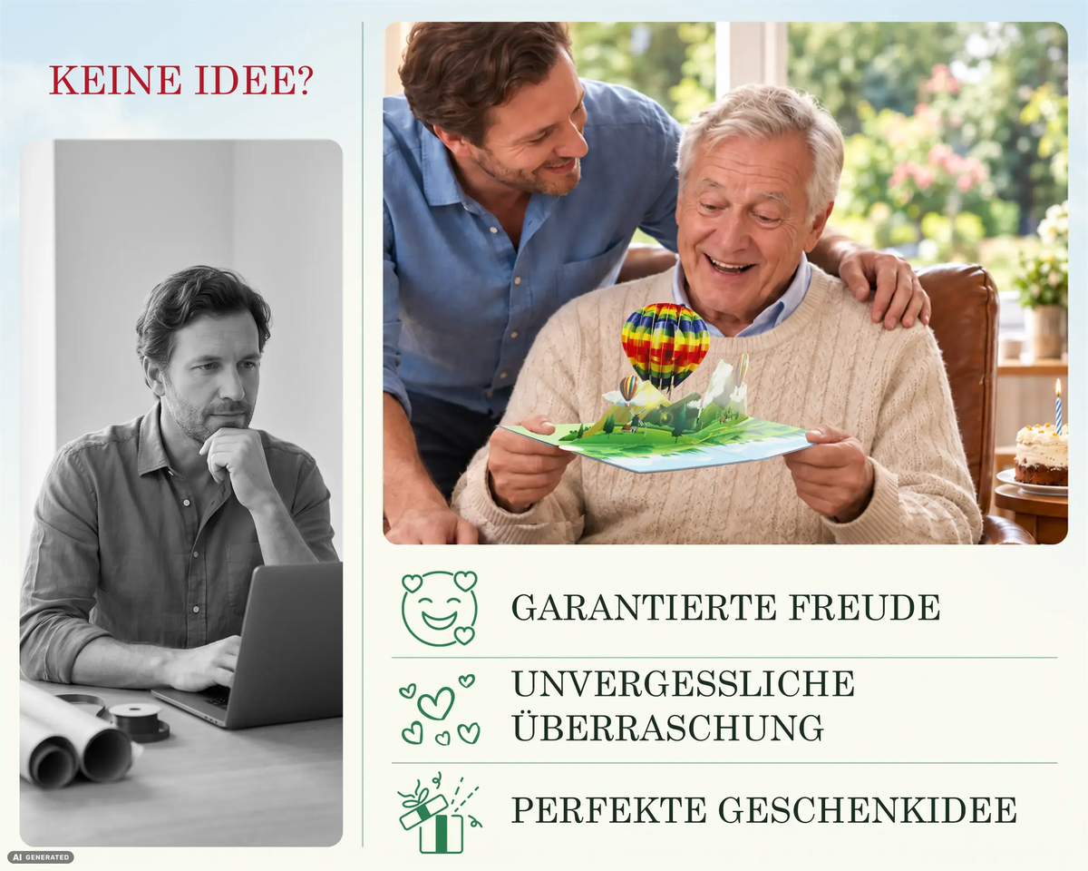 Jüngerer Mann überreicht einem älteren Mann eine aufgeklappte Pop-up Karte mit Heißluftballon als Geburtstagsgeschenk