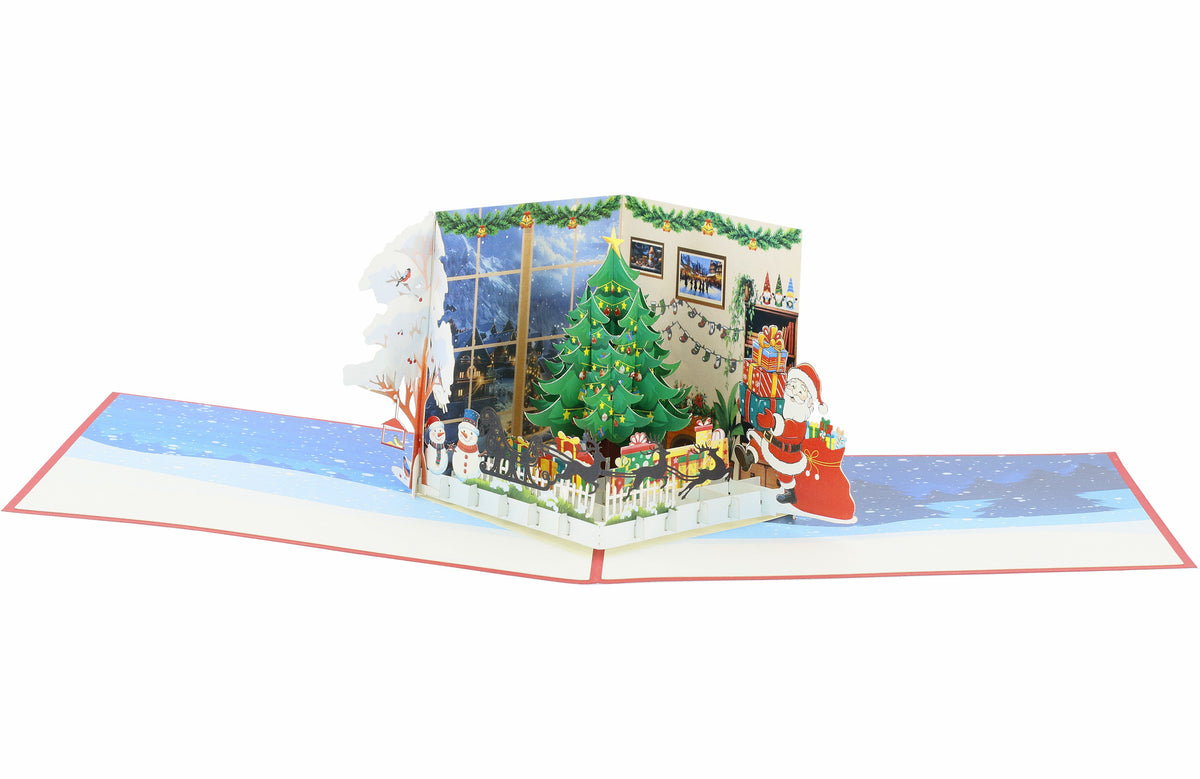 3d karte mit weihnachtlich geschmücktem wohnzimmer mit tannenbaum und weihnachtsmann mit geschenken
