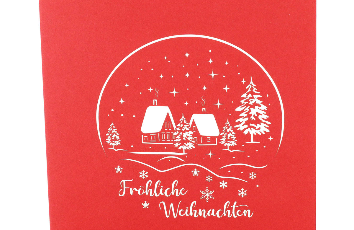 Rote 3d karte mit verschneiter winterlandschaft und dem schriftzug fröhliche weihnachten