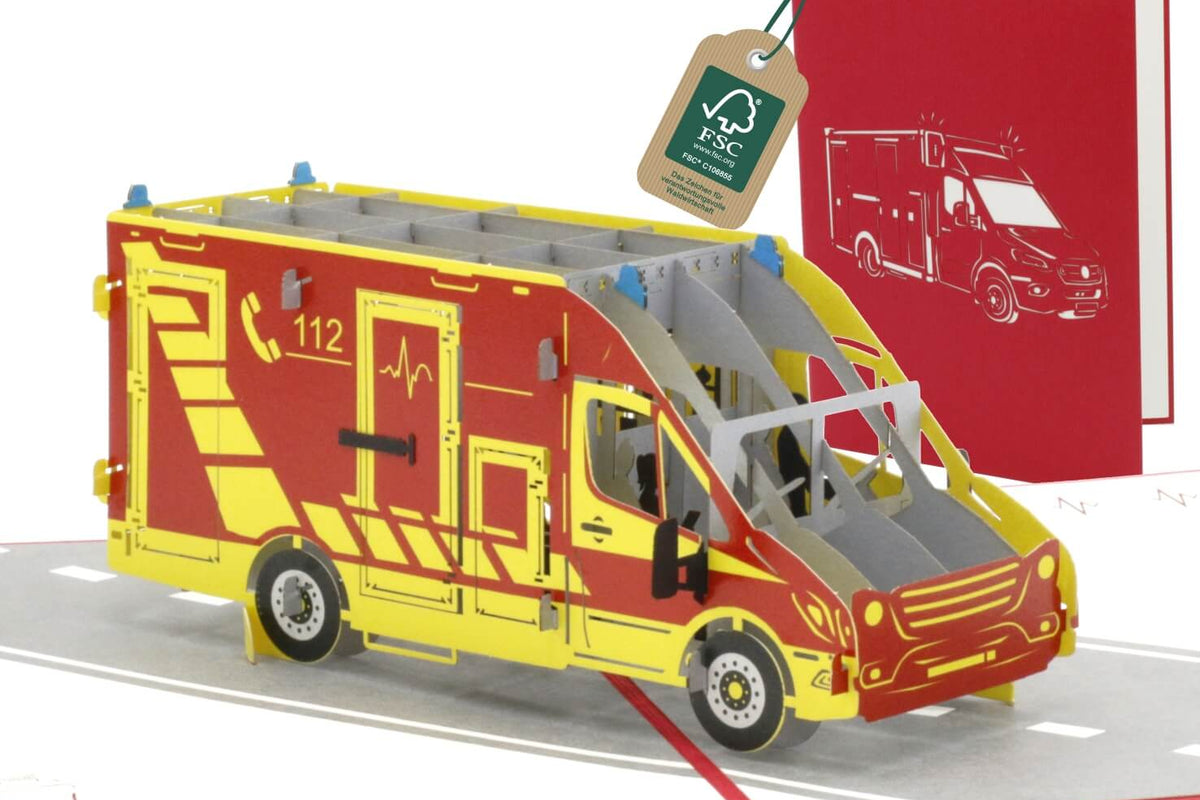 pop up karte mit rettungswagen in rot gelber farbe
