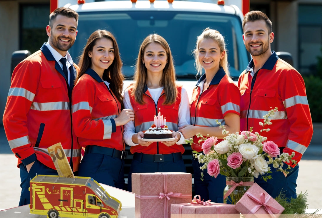 team von rettungssanitätern mit geburtstagskuchen und geschenk
