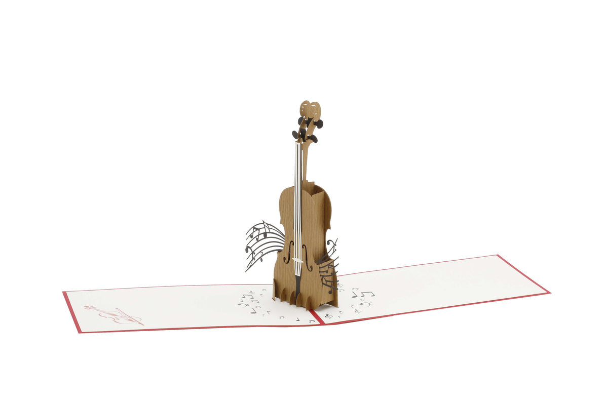 Aufgeklappte Pop-up-Karte mit einem Cello aus Papier, frontal fotografiert.