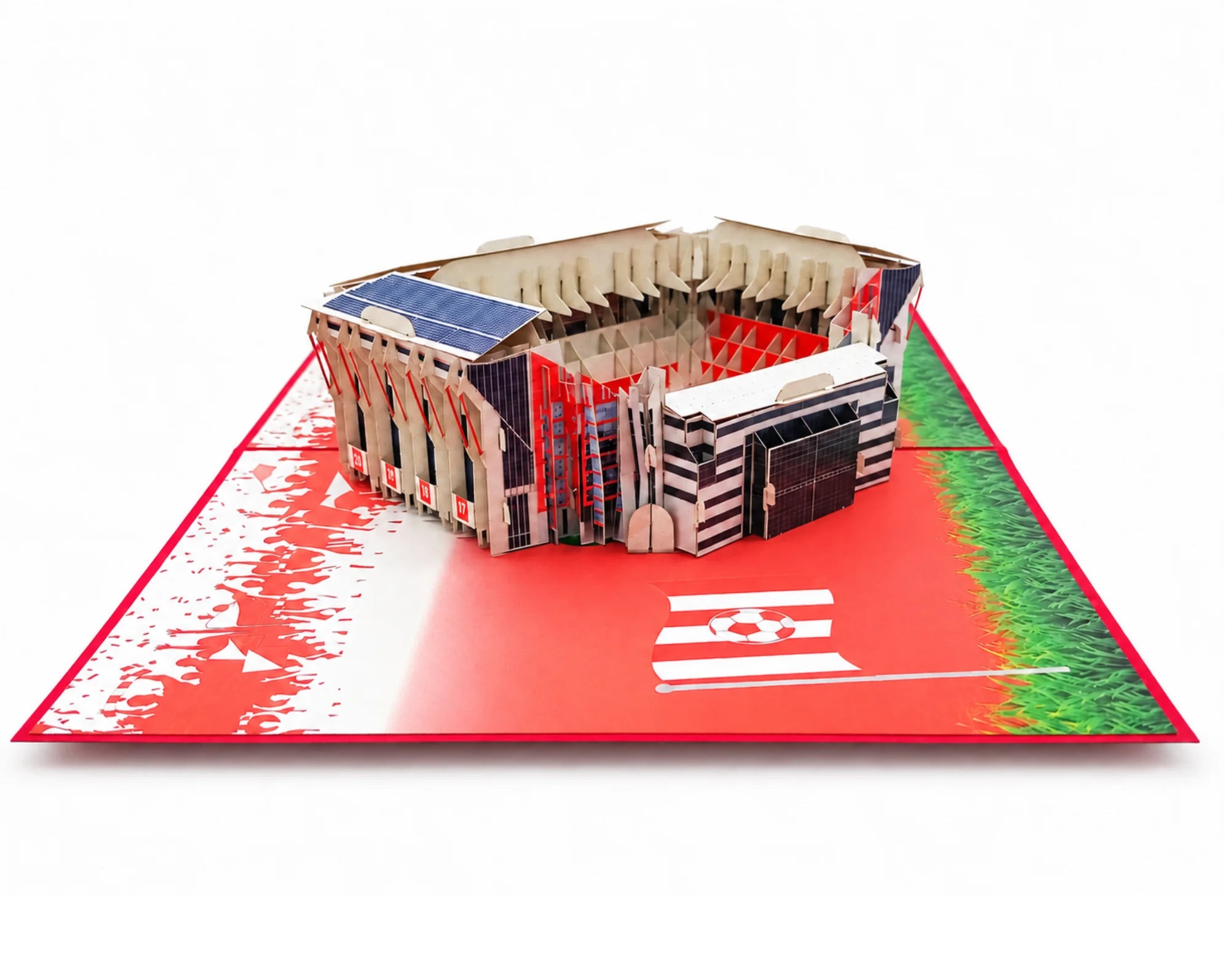 Pop-up-Karte Kaiserslautern von der Seite: Papierstadion mit Tribünendächern, roter Fahne mit Fußball und Rasenrand