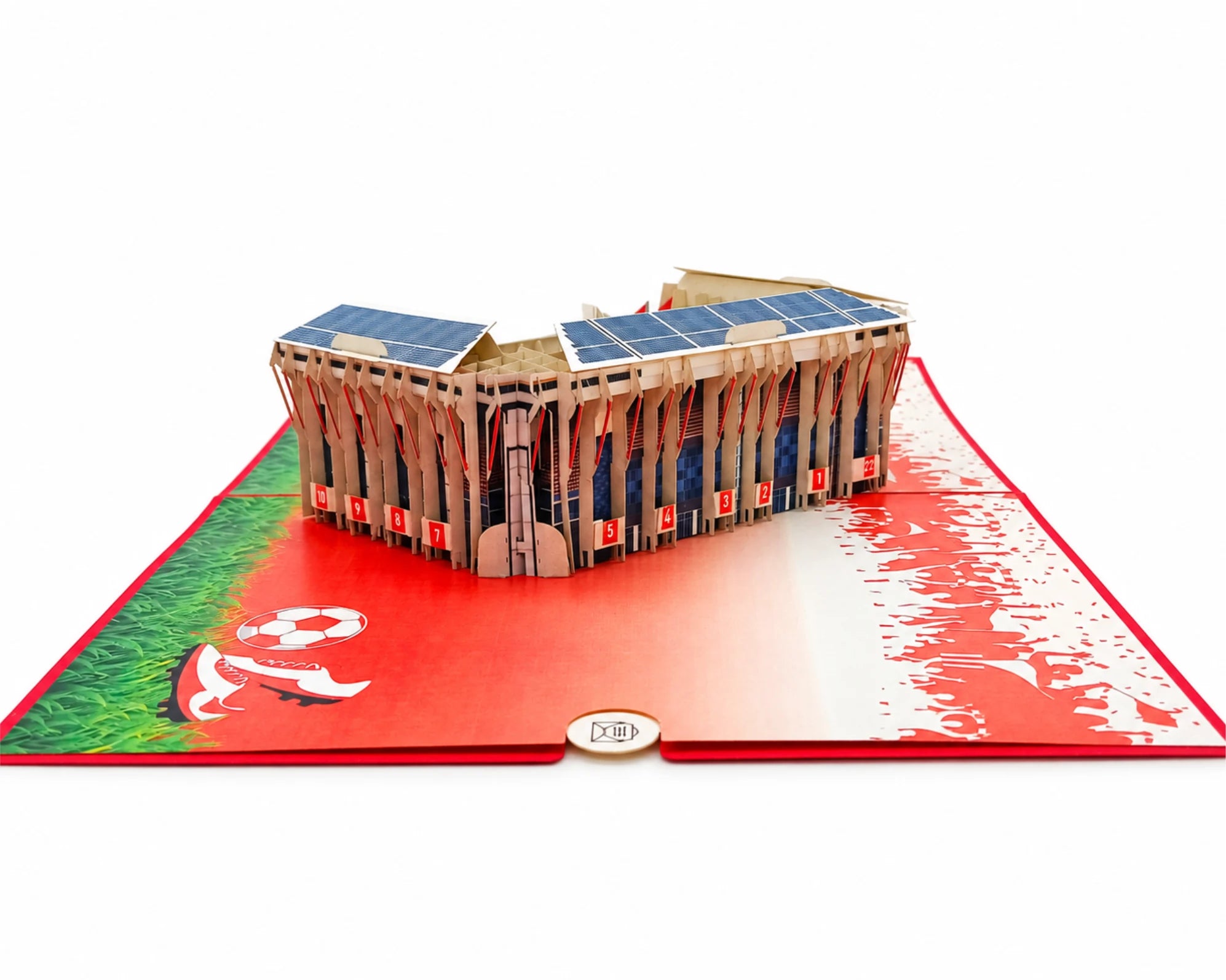 Pop-up-Karte Kaiserslautern schräg: Stadionfassade mit nummerierten Blockeingängen, Fußball und Fußballschuh