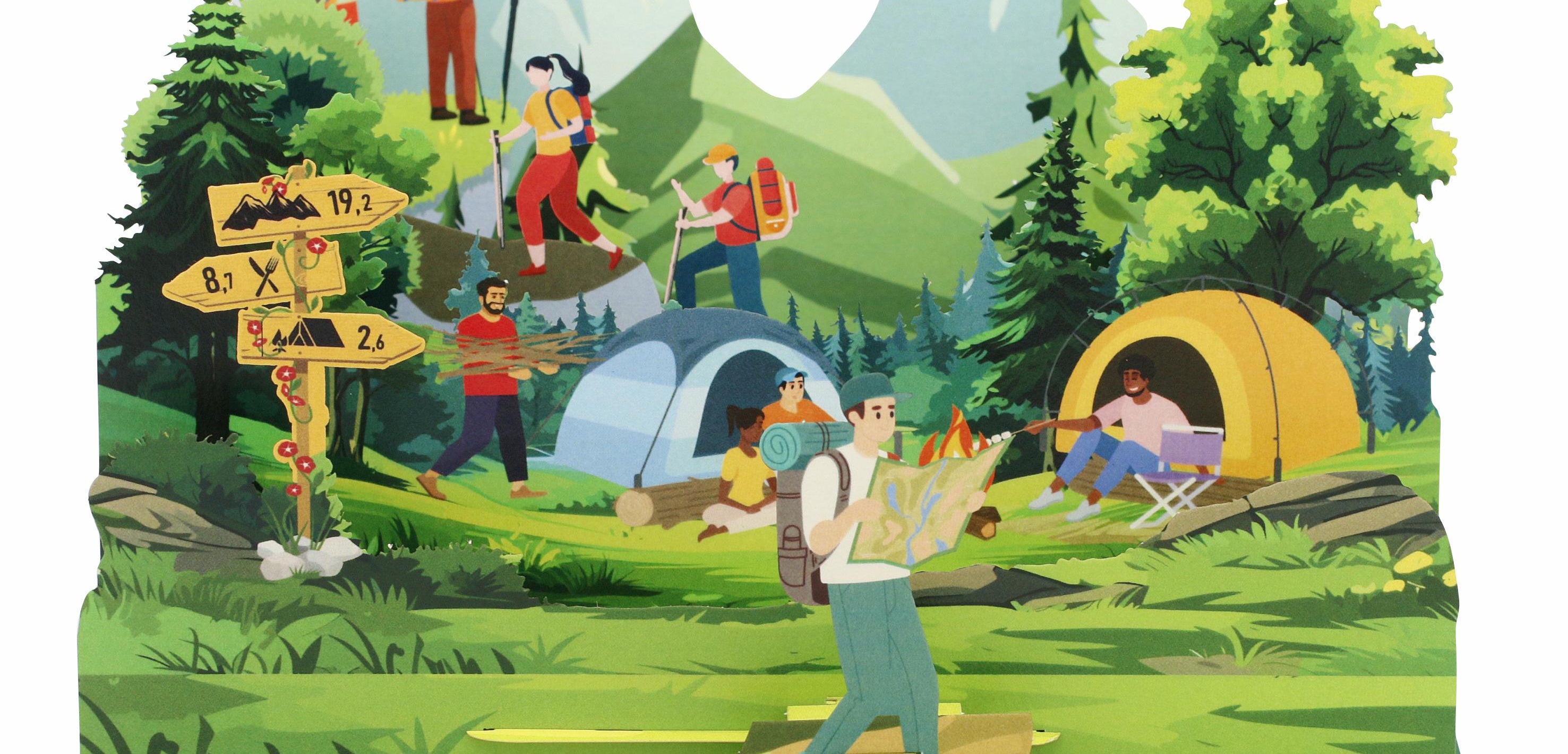 Aufgeklappte Pop-up-Karte mit Wanderern, Zelt, Lagerfeuer und Wegweiser in einer Berglandschaft.