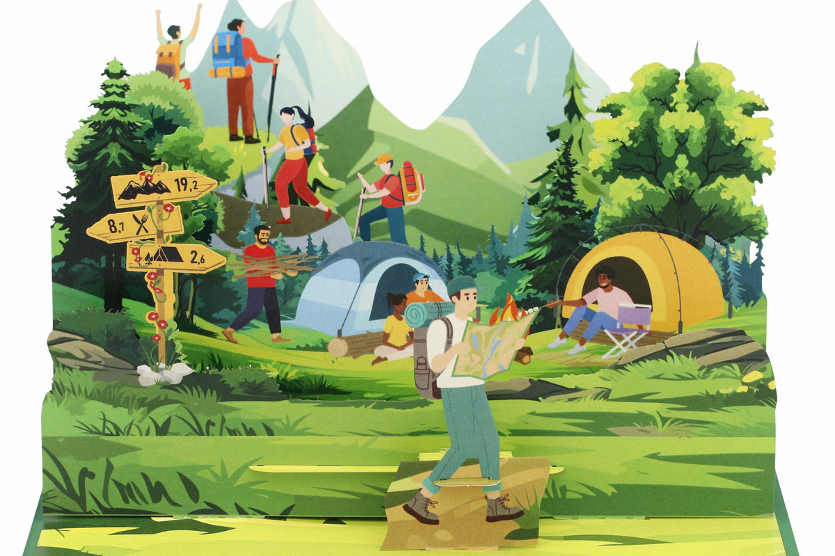 Aufgeklappte Pop-up-Karte mit Wanderern, Zelt, Lagerfeuer und Wegweiser in einer Berglandschaft.
