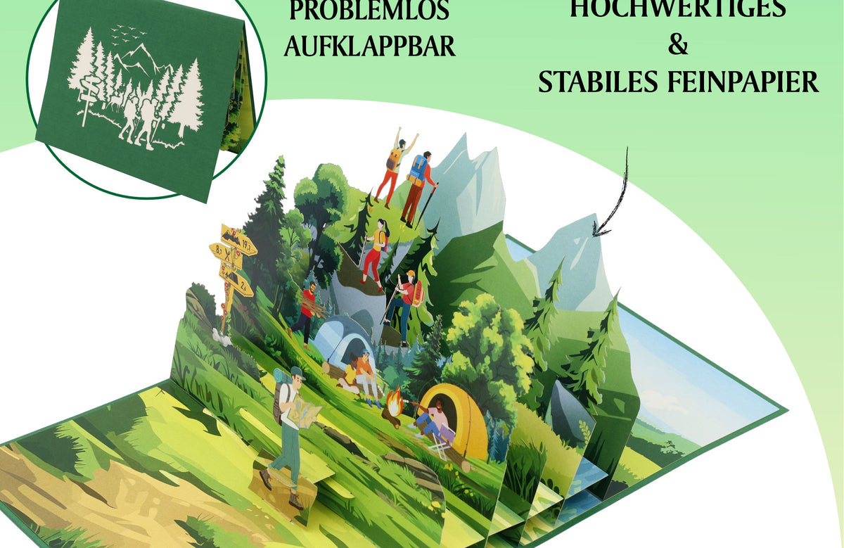 pop up karte mit Wanderern mit Rucksäcken und Karte vor dem Campingzelt und Wegweisern in einer Berglandschaft. Im Hintergrund ist eine Klappkarte mit einer Berglandschaft und zwei Wanderern als Scherenschnitt auf einer Klappkarte.