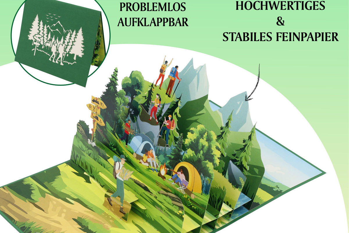 pop up karte mit Wanderern mit Rucksäcken und Karte vor dem Campingzelt und Wegweisern in einer Berglandschaft. Im Hintergrund ist eine Klappkarte mit einer Berglandschaft und zwei Wanderern als Scherenschnitt auf einer Klappkarte.
