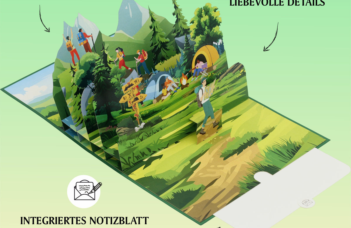 Aufgeklappte Pop-up-Karte mit Wander- und Campingszene, dazu die Hinweise lebendige Farben, liebevolle Details und integriertes Notizblatt zum Beschriften.