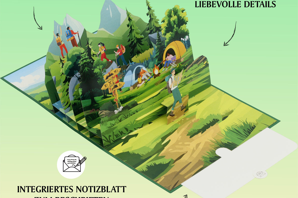 Aufgeklappte Pop-up-Karte mit Wander- und Campingszene, dazu die Hinweise lebendige Farben, liebevolle Details und integriertes Notizblatt zum Beschriften.