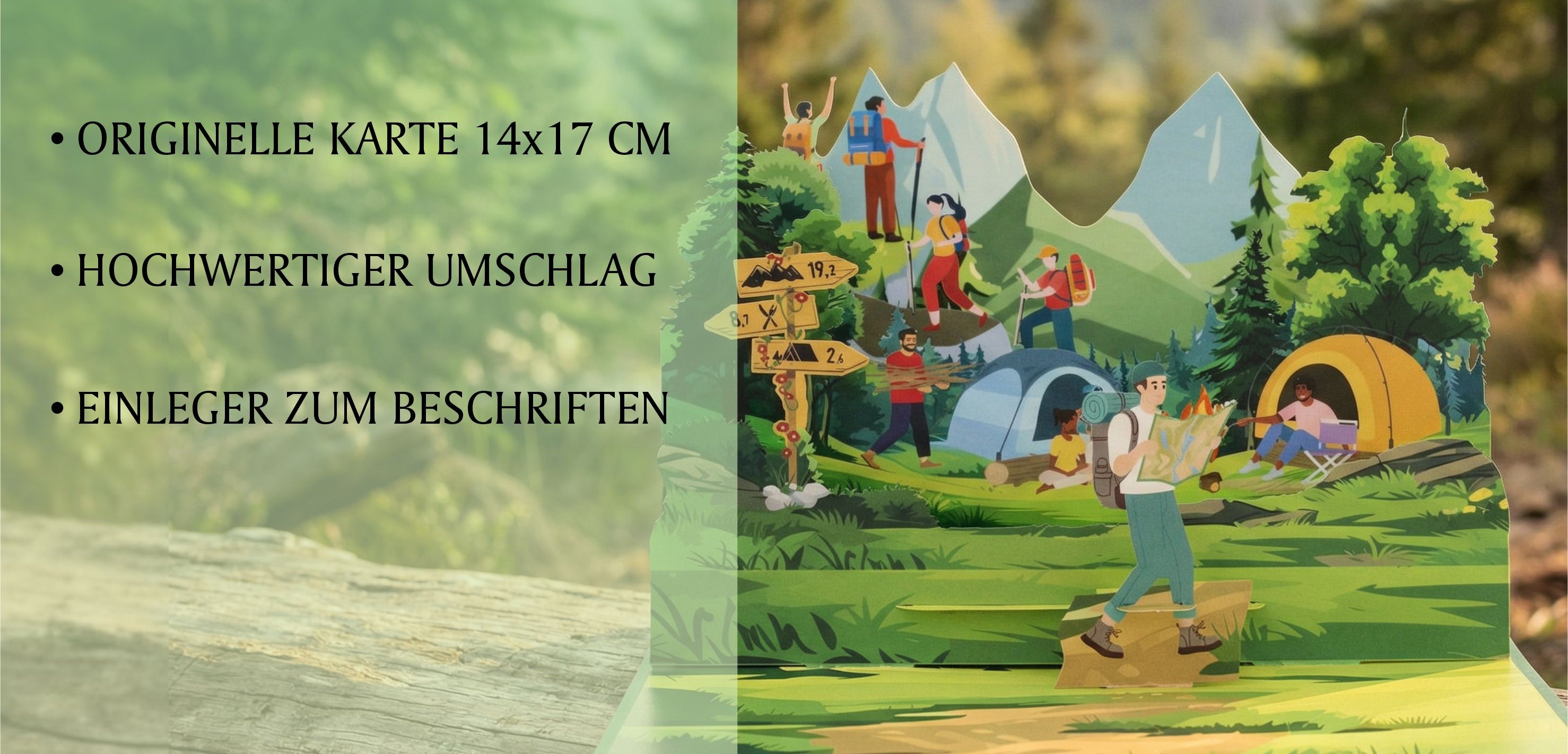 pop up karte mit Wanderern mit Rucksäcken und Karte vor dem Campingzelt und Wegweisern in einer Berglandschaft. Im Hintergrund ist die Natur mit einem Wald und Berg zu sehen.
