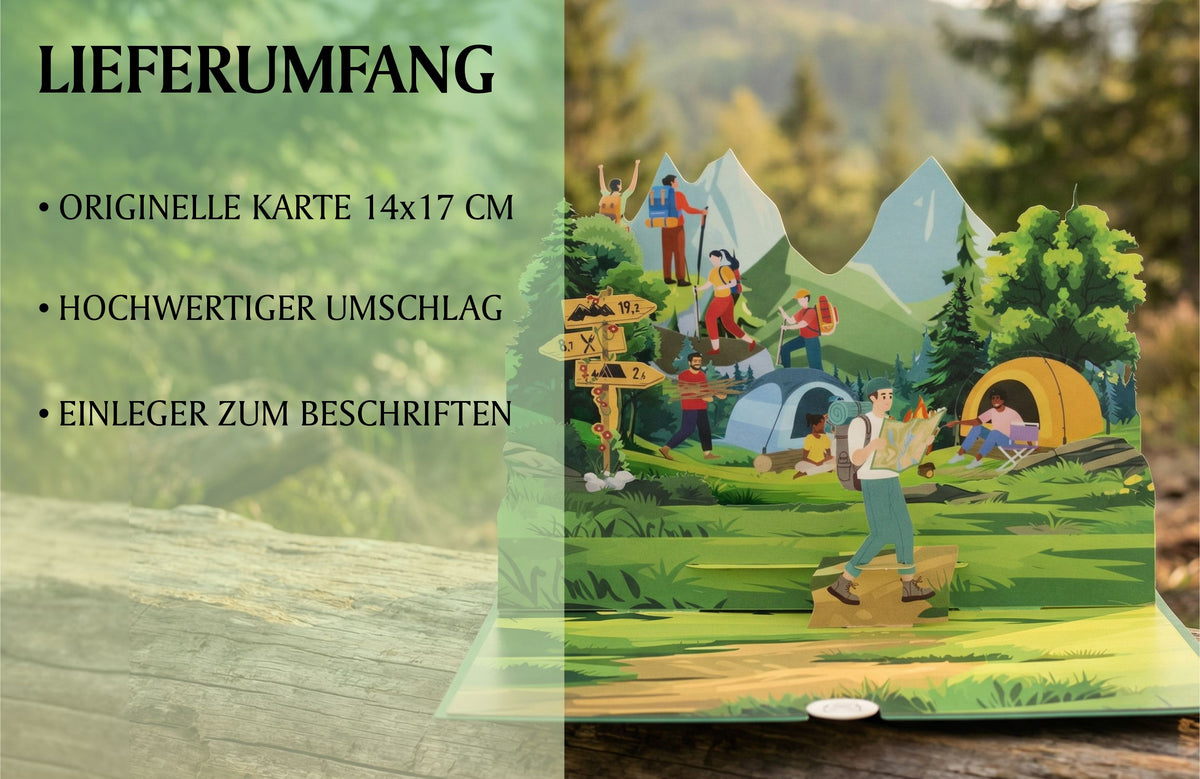 pop up karte mit Wanderern mit Rucksäcken und Karte vor dem Campingzelt und Wegweisern in einer Berglandschaft. Im Hintergrund ist die Natur mit einem Wald und Berg zu sehen.