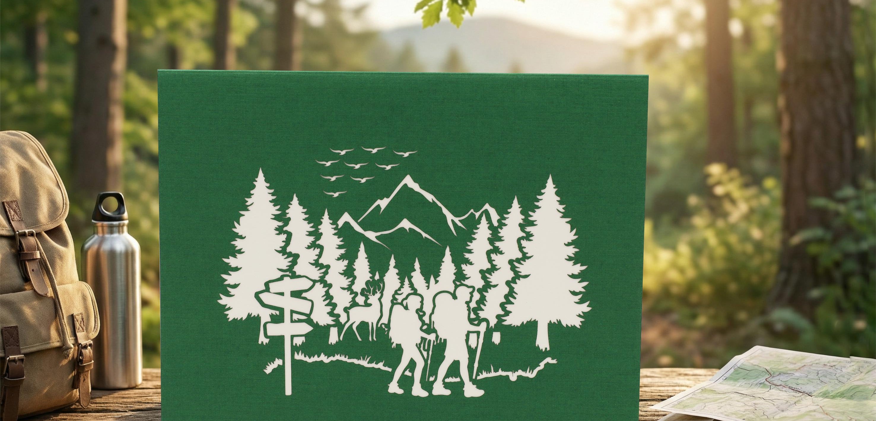 Grüne Klappkarte mit einem Wald, Bergen und 2 Wandersleuten in der Natur als Scherenschnitt. Die Pop Up Karte steht auf einer Bank in der Natur und im Hintergrund ist ein Wald.