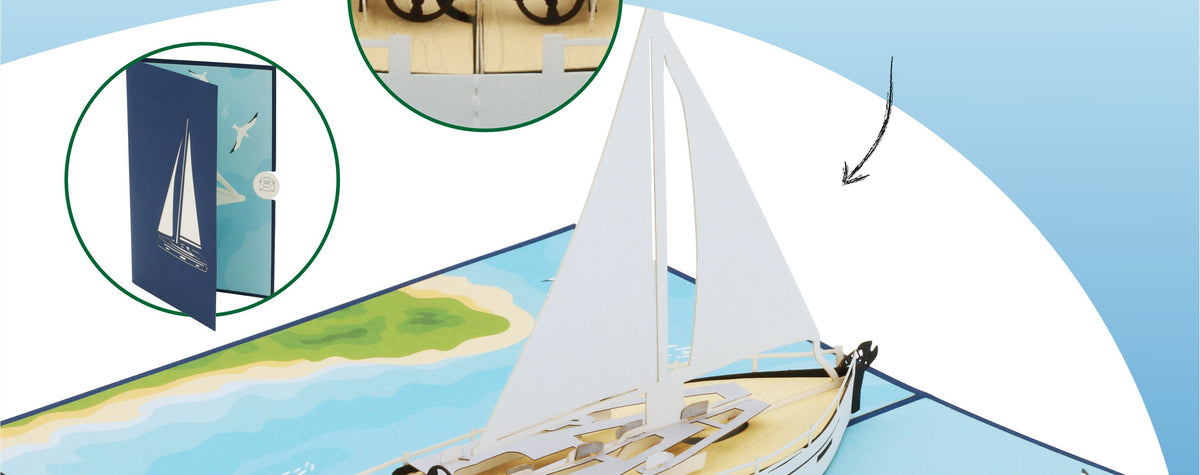 Aufgeklappte Pop-up-Karte mit Segelboot, dazu die Hinweise problemlos aufklappbar, filigran und präzise gearbeitet sowie hochwertiges und stabiles Feinpapier.