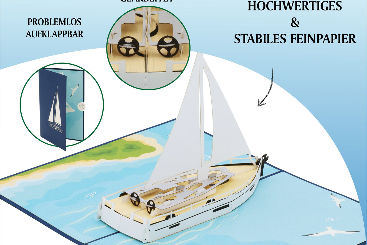 Aufgeklappte Pop-up-Karte mit Segelboot, dazu die Hinweise problemlos aufklappbar, filigran und präzise gearbeitet sowie hochwertiges und stabiles Feinpapier.