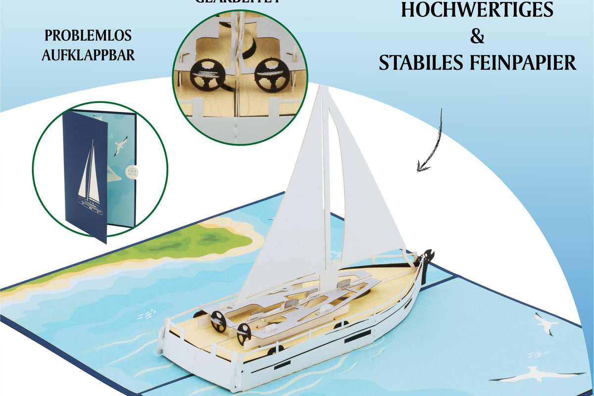 Aufgeklappte Pop-up-Karte mit Segelboot, dazu die Hinweise problemlos aufklappbar, filigran und präzise gearbeitet sowie hochwertiges und stabiles Feinpapier.