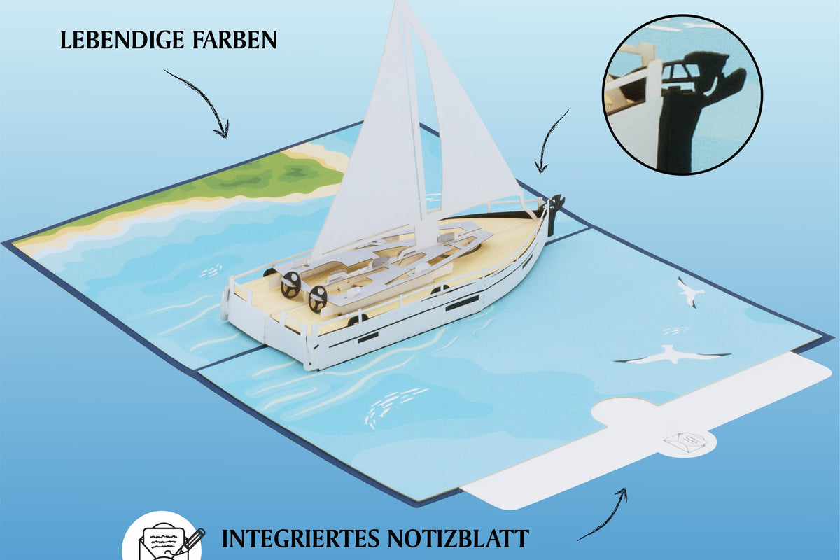 Pop-up-Karte mit einem Segelboot auf einem blauem Meer und einem Strand. Zusätzlich mit einem Einleger zum Beschriften.