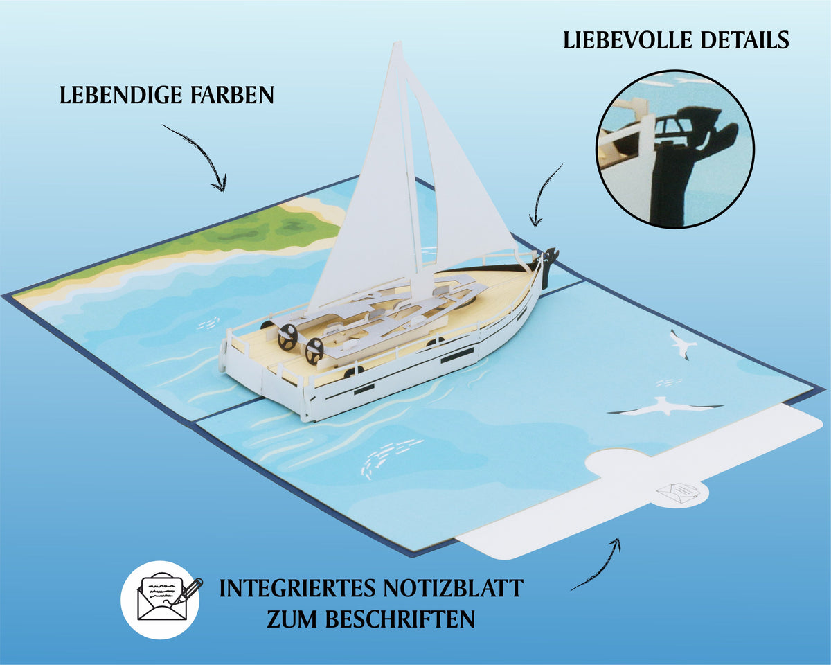 Pop-up-Karte mit einem Segelboot auf einem blauem Meer und einem Strand. Zusätzlich mit einem Einleger zum Beschriften.
