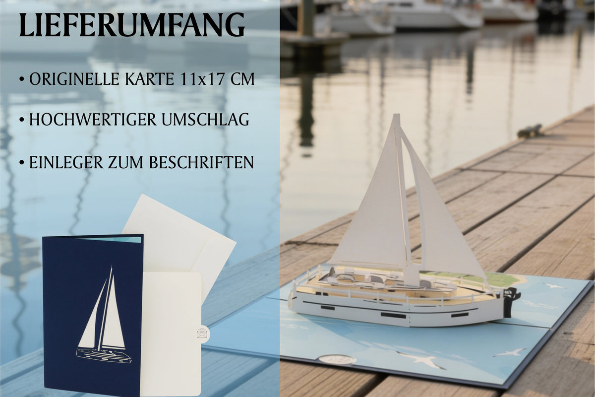 Klappkarte mit einem Segelboot auf einem Steg im Hafen. Im Hintergrund ist eine Marina mit Segelbooten zu sehen.