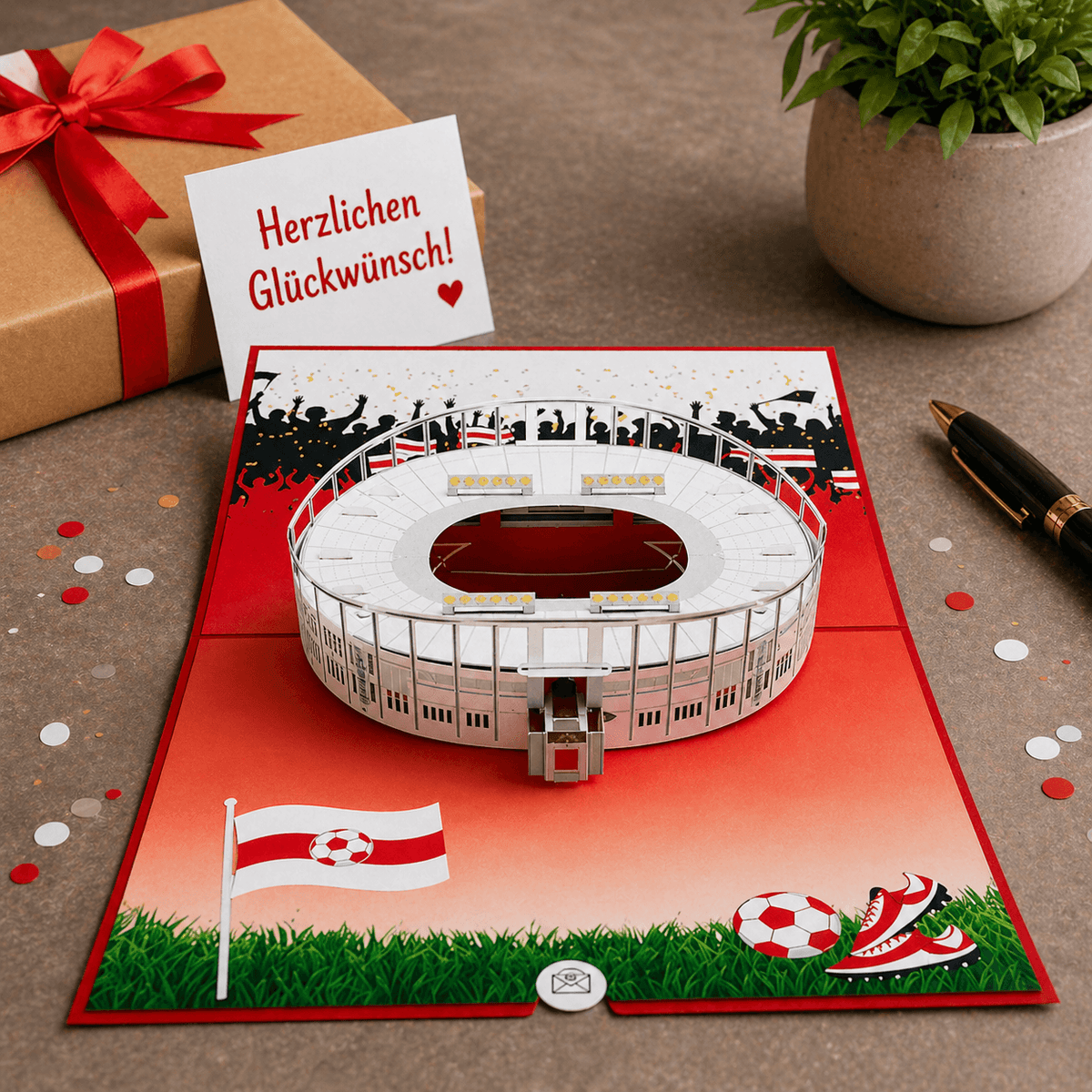 Aufgeklappte Pop-up-Karte mit Stadionmodell Stuttgart, auf einem Schreibtisch als Geburtstagsgeschenk