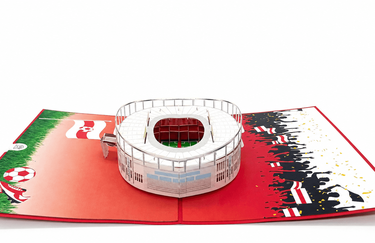 Aufgeklappte Pop-up-Karte mit dem Stuttgarter Stadion, von schräg oben fotografiert.