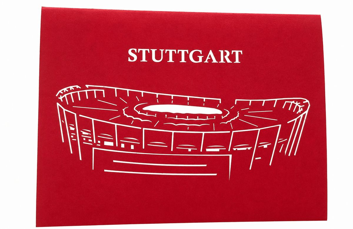 Rote Klappkarte mit ausgeschnittenen Scherenschnitt eines Stadions und dem Schriftzug STUTTGART.
