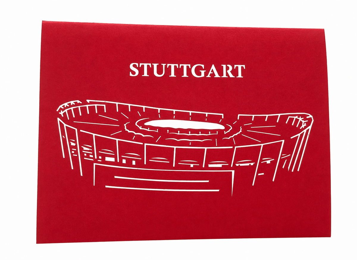 Rote Klappkarte mit ausgeschnittenen Scherenschnitt eines Stadions und dem Schriftzug STUTTGART.