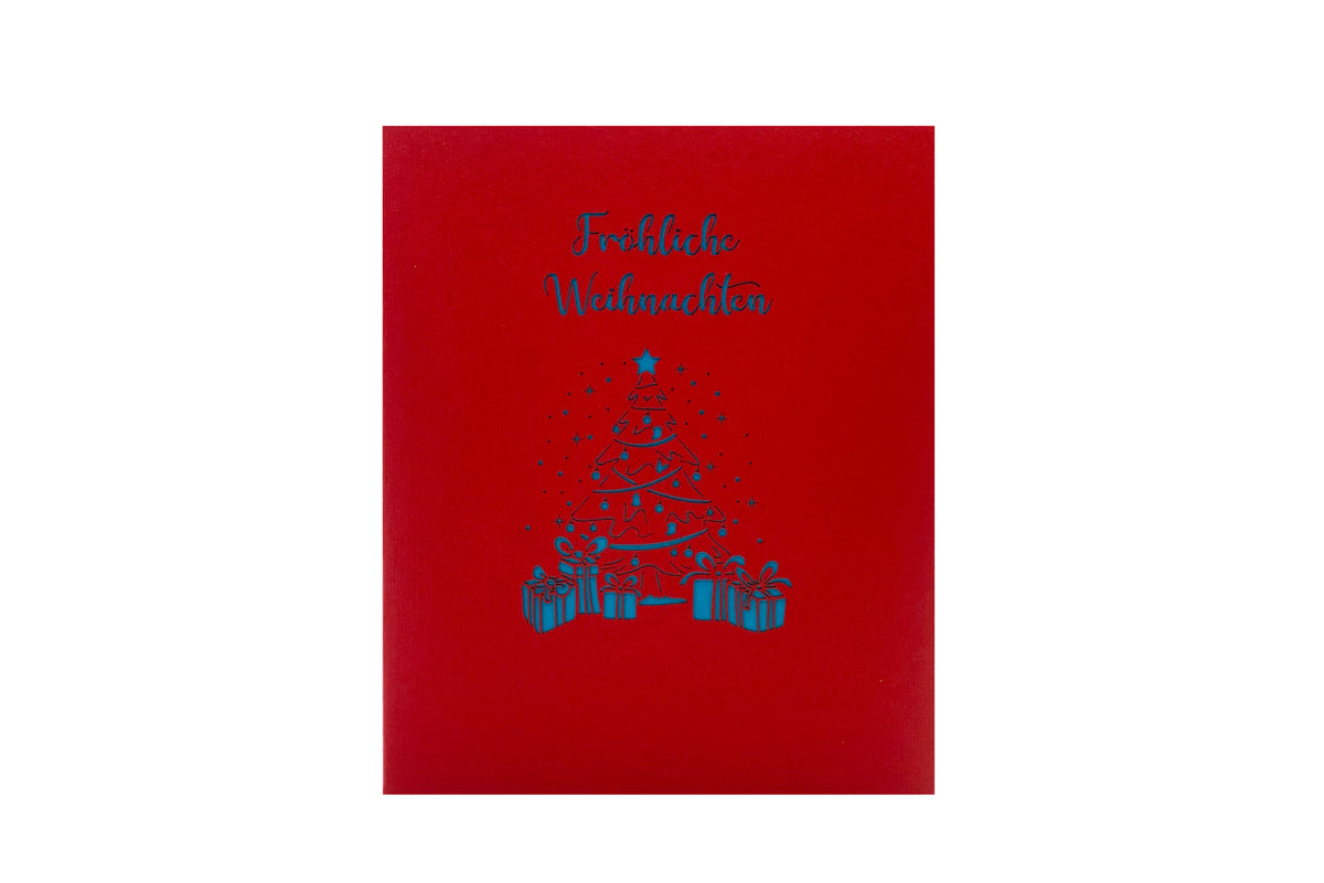 Rote Kartenvorderseite mit dem Schriftzug Fröhliche Weihnachten und einem blauen Weihnachtsbaum aus gestapelten Geschenken.