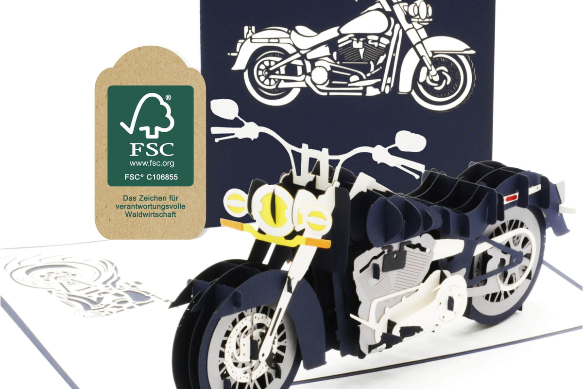pop up karte mit dunkel blauem chopper motorrad