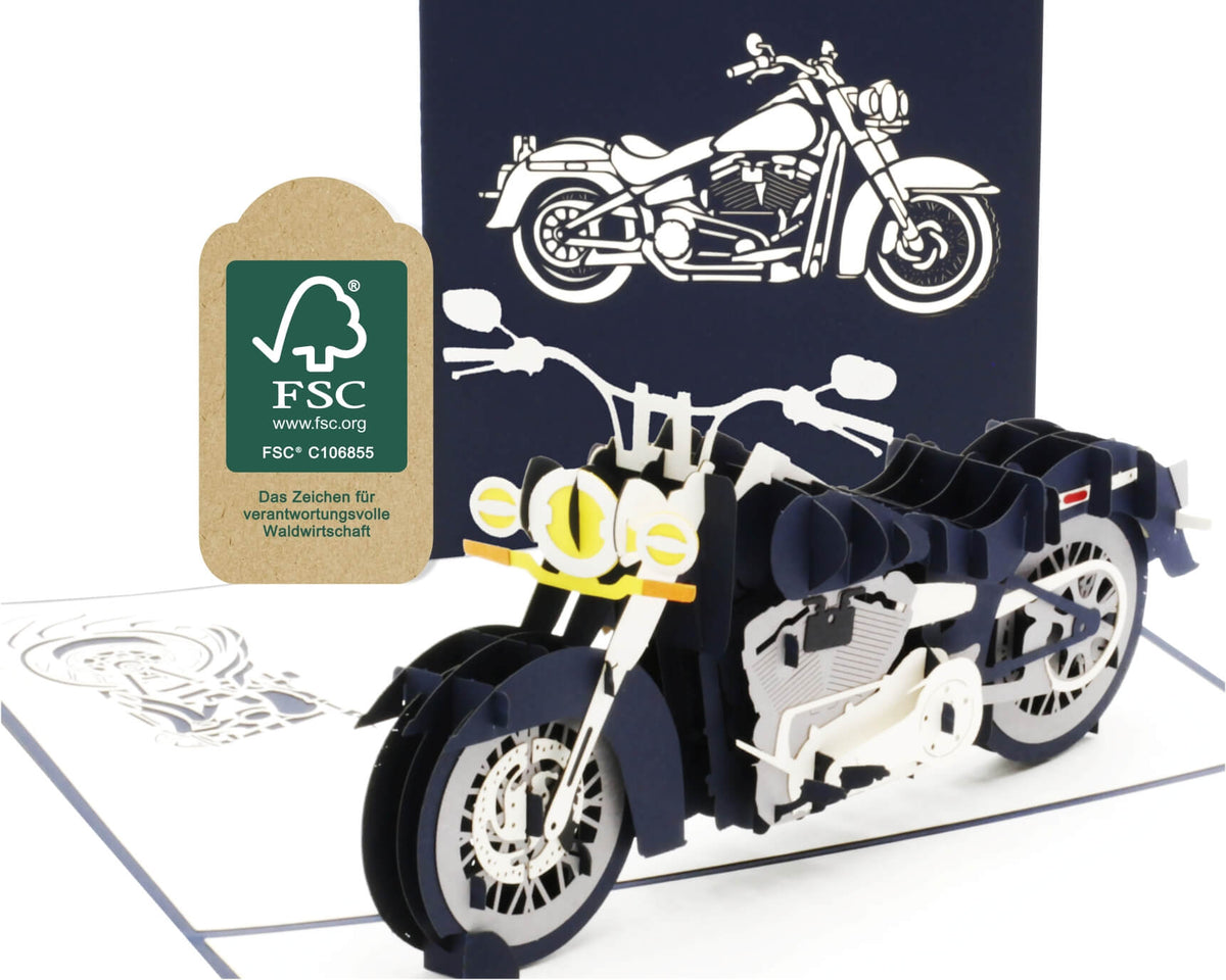 pop up karte mit dunkel blauem chopper motorrad