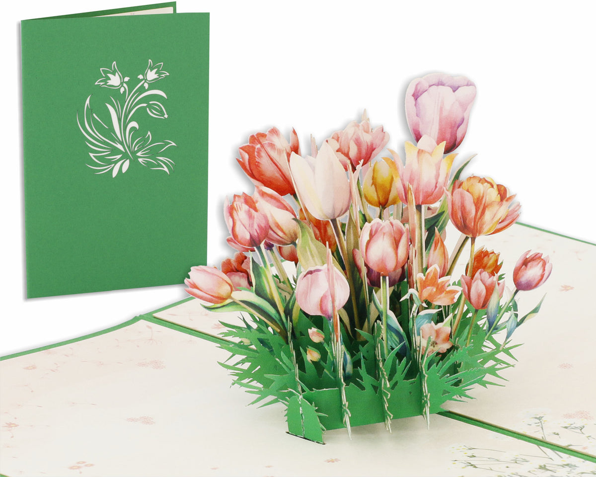 Aufgeklappte Pop-up-Karte mit einem bunten Tulpenstrauß, daneben die grüne Kartenvorderseite mit Tulpen-Scherenschnitt.
