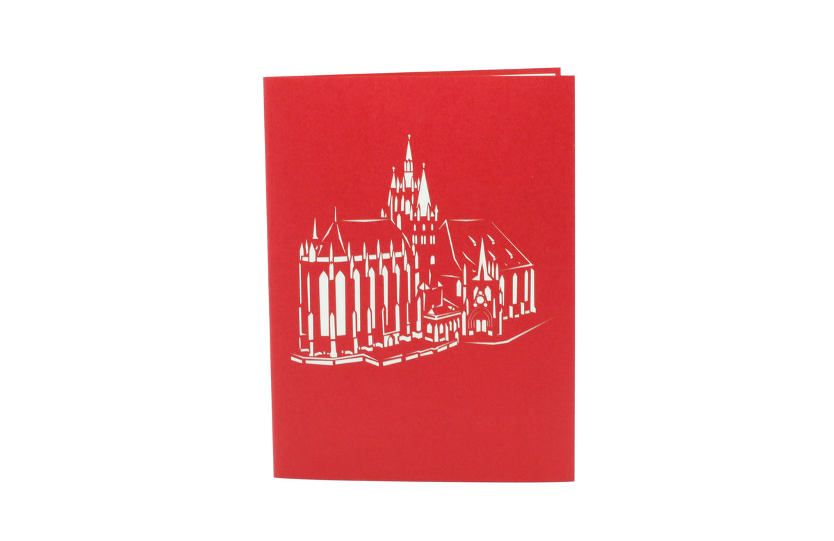 Rote Kartenvorderseite mit dem Erfurter Dom als Scherenschnitt.