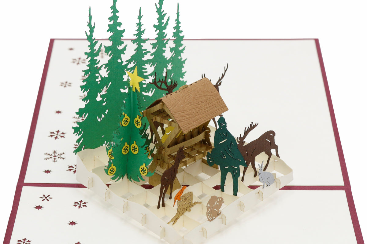 Aufgeklappte Pop-up-Karte mit Futterkrippe im Wald, von schräg oben fotografiert.