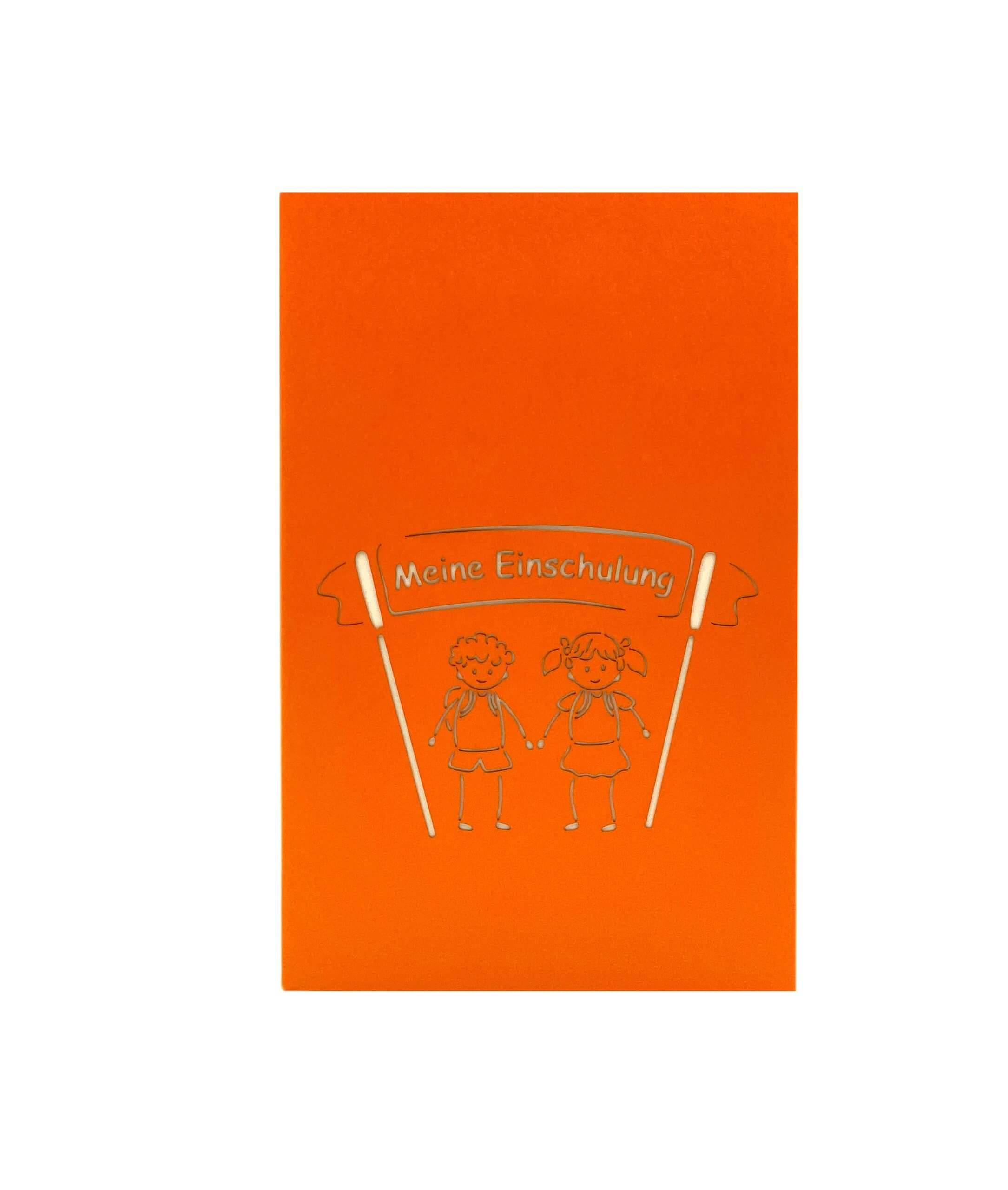 orange karte mit schulkindern auf einer schultuete und meine einschulung
