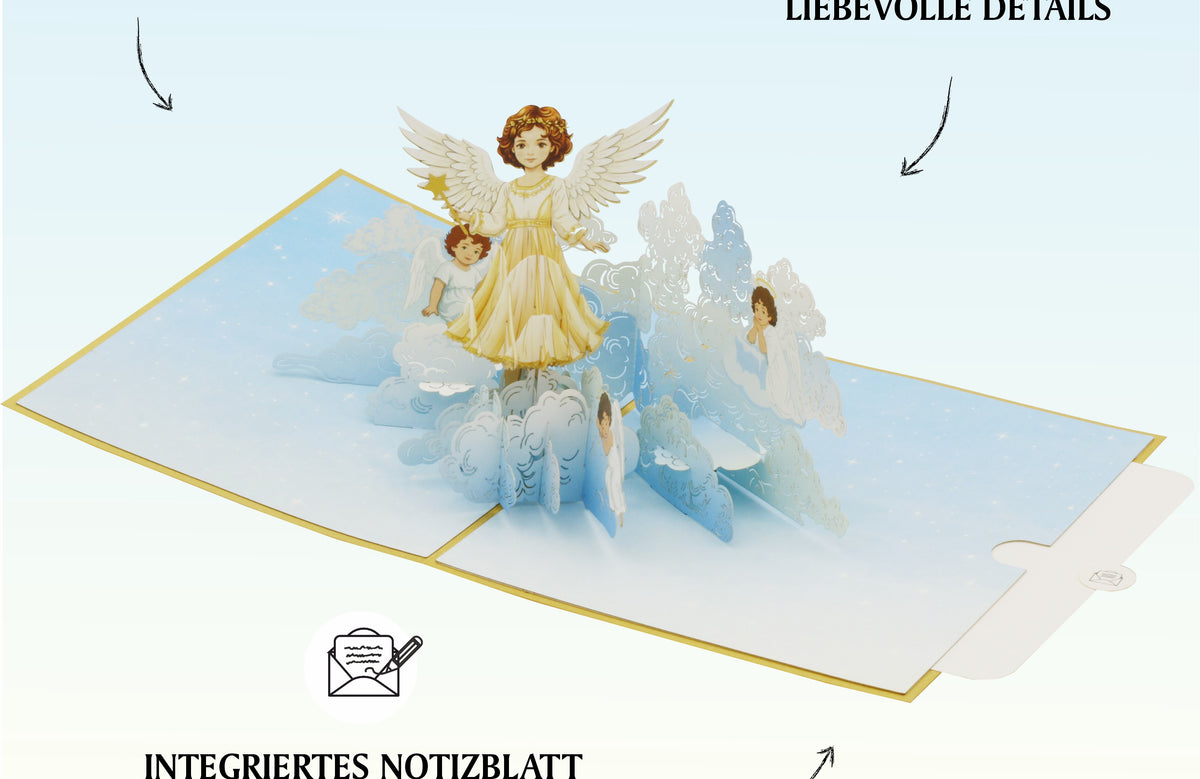 Geöffnete Pop-up-Karte mit aufklappbarem Schutzengel und mehreren Engelfiguren auf einem mit Himmel bedrucktem Untergrund.