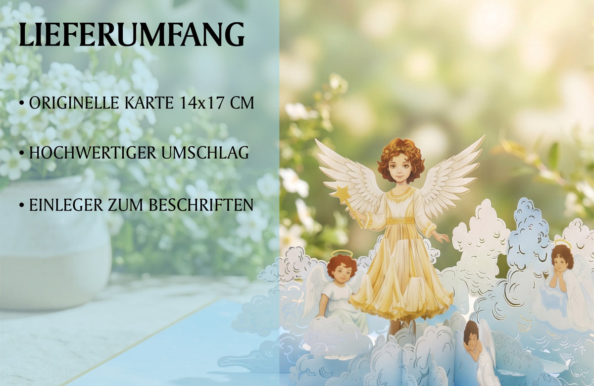 Geöffnete Pop-up-Karte mit aufklappbarem Schutzengel und mehreren Engelfiguren, umgeben von einem Garten im Hintergrund.