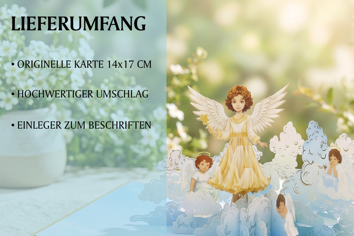 Geöffnete Pop-up-Karte mit aufklappbarem Schutzengel und mehreren Engelfiguren, umgeben von einem Garten im Hintergrund.